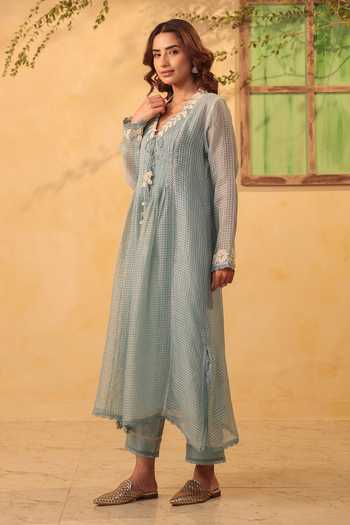 Buy_Label Niti Bothra_Blue Silk, Chanderi, Tencel Applique, Embroidery Light Tie Up Kurta And Pant Set _Online_at_Aza_Fashions