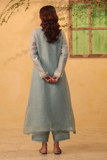 Shop_Label Niti Bothra_Blue Silk, Chanderi, Tencel Applique, Embroidery Light Tie Up Kurta And Pant Set _at_Aza_Fashions