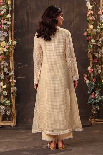 Shop_Label Niti Bothra_Beige Silk, Chanderi, Tencel Applique V-neck, Yes Embroidered Kurta And Pant Set _at_Aza_Fashions
