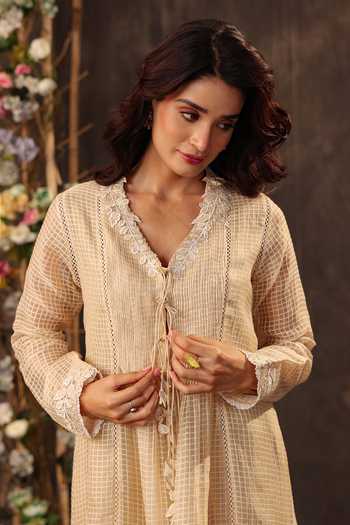 Label Niti Bothra_Beige Silk, Chanderi, Tencel Applique V-neck, Yes Embroidered Kurta And Pant Set _at_Aza_Fashions
