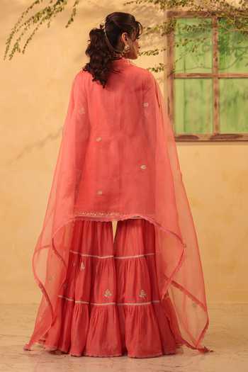 Shop_Label Niti Bothra_Pink Silk, Organza, Chanderi Pearls, Lace, Embroidered Kurta Sharara Set _at_Aza_Fashions