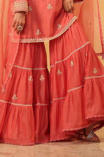 Buy_Label Niti Bothra_Pink Silk, Organza, Chanderi Pearls, Lace, Embroidered Kurta Sharara Set _Online_at_Aza_Fashions