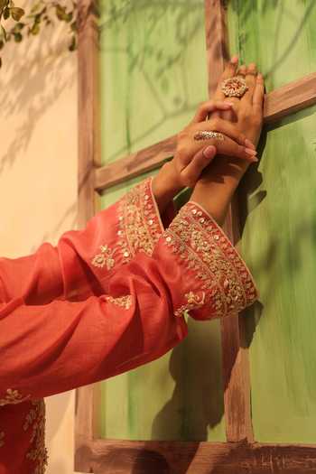 Shop_Label Niti Bothra_Pink Silk, Organza, Chanderi Pearls, Lace, Embroidered Kurta Sharara Set _Online_at_Aza_Fashions