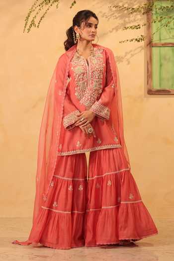 Buy_Label Niti Bothra_Pink Silk, Organza, Chanderi Pearls, Lace, Embroidered Kurta Sharara Set 