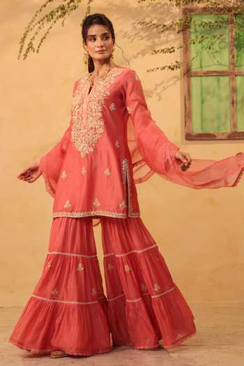 Label Niti Bothra_Pink Silk, Organza, Chanderi Pearls, Lace, Embroidered Kurta Sharara Set _Online