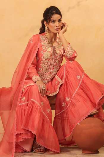 Buy_Label Niti Bothra_Pink Silk, Organza, Chanderi Pearls, Lace, Embroidered Kurta Sharara Set _Online