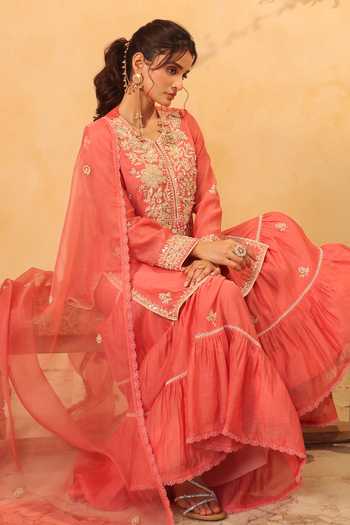 Shop_Label Niti Bothra_Pink Silk, Organza, Chanderi Pearls, Lace, Embroidered Kurta Sharara Set _Online
