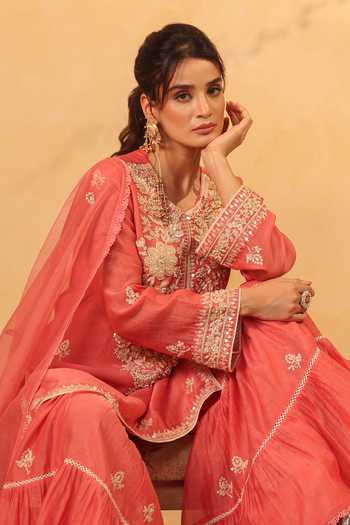 Label Niti Bothra_Pink Silk, Organza, Chanderi Pearls, Lace, Embroidered Kurta Sharara Set 