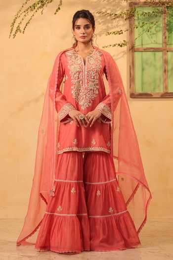 Buy_Label Niti Bothra_Pink Silk, Organza, Chanderi Pearls, Lace, Embroidered Kurta Sharara Set _at_Aza_Fashions
