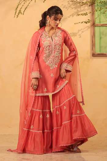 Label Niti Bothra_Pink Silk, Organza, Chanderi Pearls, Lace, Embroidered Kurta Sharara Set 