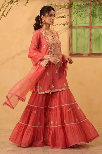 Label Niti Bothra_Pink Silk, Organza, Chanderi Pearls, Lace, Embroidered Kurta Sharara Set 