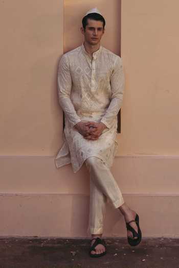 Buy_Nafs_Ivory Cotton, Chanderi Embroidery Geometric Kurta And Pant Set _at_Aza_Fashions