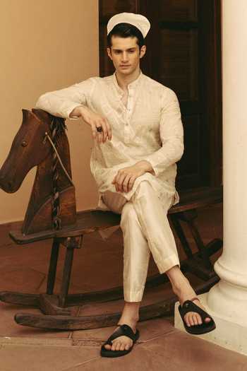 Shop_Nafs_Ivory Cotton, Chanderi Embroidery Geometric Kurta And Pant Set _at_Aza_Fashions