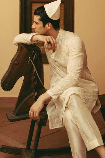 Nafs_Ivory Cotton, Chanderi Embroidery Geometric Kurta And Pant Set _Online_at_Aza_Fashions