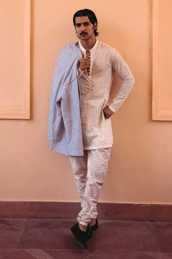 Buy_Nafs_Blue Brocade, Chanderi, Jacquard Chevron Pattern Jacket And Kurta Set _at_Aza_Fashions