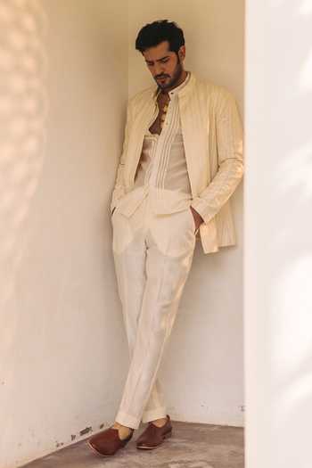 Buy_Nafs_Cream Chanderi Embroidery Jacket Pant Set _at_Aza_Fashions