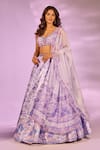 Shop_Label Priyanka Kar_Purple Satin Embroidery, Crystals Sweetheart Neck Flower Print Lilac Lehenga Set _Online_at_Aza_Fashions