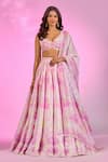 Buy_Label Priyanka Kar_Pink Satin Embroidery, Crystals Sweetheart Neck Flower Print Baby Lehenga Set _at_Aza_Fashions