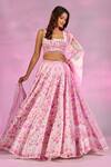 Buy_Label Priyanka Kar_Pink Satin Embroidery, Crystals Square Neck Flower Print Lehenga Set _at_Aza_Fashions