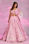 Buy_Label Priyanka Kar_Pink Satin Embroidery, Crystals Square Neck Flower Print Lehenga Set 