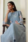 Vaayu_Blue Muslin Applique Round Neck, Yes Mist Kurta And Pant Set _Online_at_Aza_Fashions