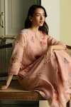 Vaayu_Pink Muslin Embroidery, Lace Round Neck Blossom Floral Print Kurta And Pant Set _at_Aza_Fashions