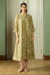 Buy_Vaayu_Green Cotton, Muslin Embroidery Split V-neck Meadow Printed Midi Dress _at_Aza_Fashions