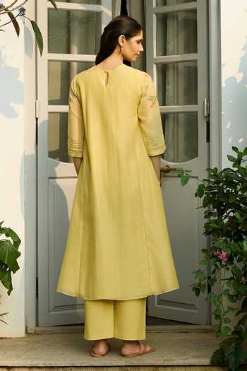Shop_Vaayu_Yellow Cotton, Muslin Embroidery Round Neck Lemon Bloom Kurta Set _at_Aza_Fashions