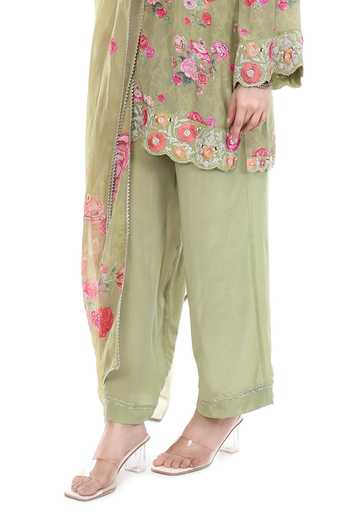 Buy_Tanu Malhotra_Pink Crepe, Organza Embroidery, Lace V-neck Floral Print Kurta Set _Online_at_Aza_Fashions