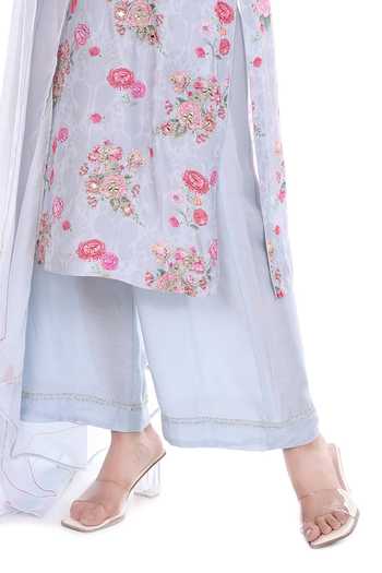 Buy_Tanu Malhotra_Blue Silk, Cotton, Georgette, Net Embroidery Floral Garden Print Kurta Set _Online_at_Aza_Fashions