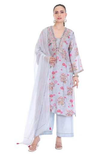 Buy_Tanu Malhotra_Blue Silk, Cotton, Georgette, Net Embroidery Floral Garden Print Kurta Set _at_Aza_Fashions