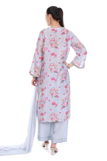 Tanu Malhotra_Blue Silk, Cotton, Georgette, Net Embroidery Floral Garden Print Kurta Set _Online_at_Aza_Fashions