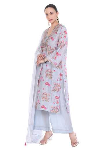 Shop_Tanu Malhotra_Blue Silk, Cotton, Georgette, Net Embroidery Floral Garden Print Kurta Set _Online_at_Aza_Fashions