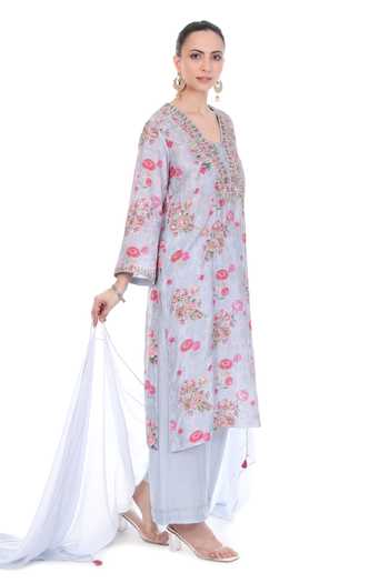 Tanu Malhotra_Blue Silk, Cotton, Georgette, Net Embroidery Floral Garden Print Kurta Set _at_Aza_Fashions