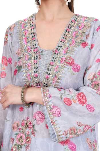 Buy_Tanu Malhotra_Blue Silk, Cotton, Georgette, Net Embroidery Floral Garden Print Kurta Set 