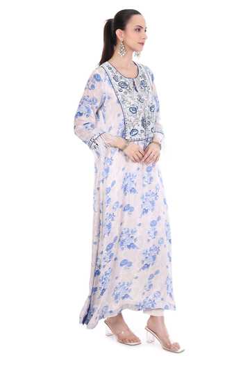 Buy_Tanu Malhotra_Off White Cotton, Crepe Embroidery Round Neck Yoke Kaftan Set _Online_at_Aza_Fashions