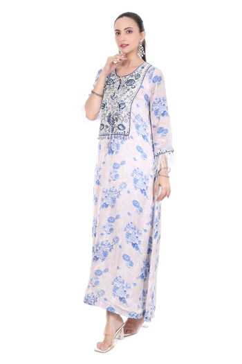 Shop_Tanu Malhotra_Off White Cotton, Crepe Embroidery Round Neck Yoke Kaftan Set _Online_at_Aza_Fashions