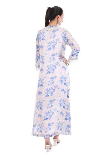 Tanu Malhotra_Off White Cotton, Crepe Embroidery Round Neck Yoke Kaftan Set _Online_at_Aza_Fashions