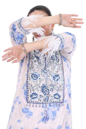 Tanu Malhotra_Off White Cotton, Crepe Embroidery Round Neck Yoke Kaftan Set _at_Aza_Fashions