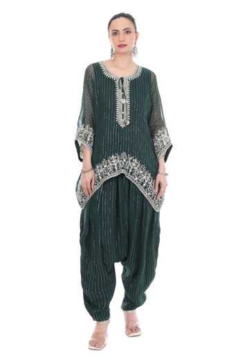 Buy_Tanu Malhotra_Green Lurex, Shantoon Embroidery Round Neck Yoke Kaftan Set _at_Aza_Fashions