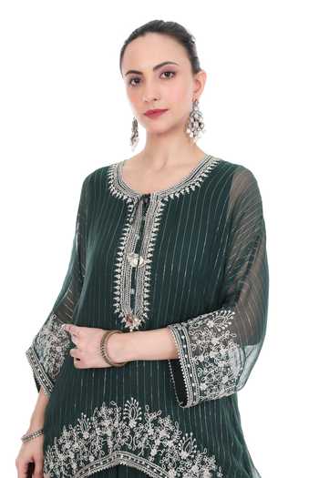 Buy_Tanu Malhotra_Green Lurex, Shantoon Embroidery Round Neck Yoke Kaftan Set _Online_at_Aza_Fashions