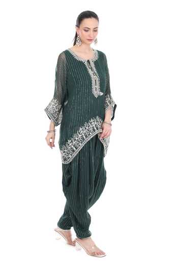 Shop_Tanu Malhotra_Green Lurex, Shantoon Embroidery Round Neck Yoke Kaftan Set _Online_at_Aza_Fashions