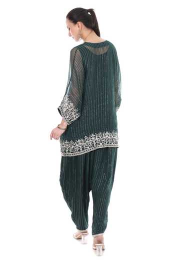 Shop_Tanu Malhotra_Green Lurex, Shantoon Embroidery Round Neck Yoke Kaftan Set _at_Aza_Fashions