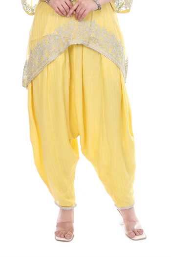Buy_Tanu Malhotra_Yellow Lurex Embroidery Round Neck Kaftaan And Pant Set _Online_at_Aza_Fashions