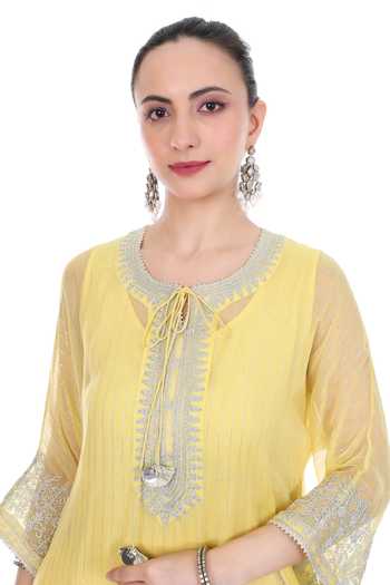 Shop_Tanu Malhotra_Yellow Lurex Embroidery Round Neck Kaftaan And Pant Set _Online_at_Aza_Fashions