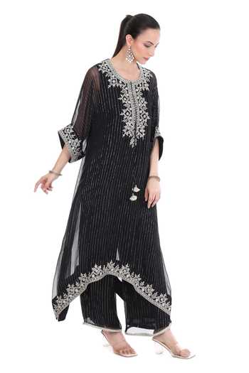 Buy_Tanu Malhotra_Black Lurex, Shantoon Zari Round Neck Embroidered Yoke Kaftan Set _Online_at_Aza_Fashions