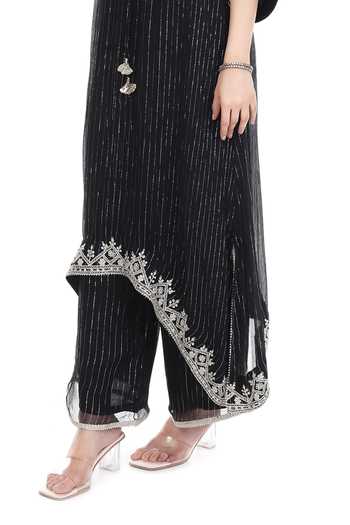 Shop_Tanu Malhotra_Black Lurex, Shantoon Zari Round Neck Embroidered Yoke Kaftan Set _Online_at_Aza_Fashions