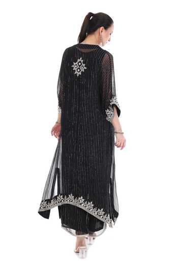 Shop_Tanu Malhotra_Black Lurex, Shantoon Zari Round Neck Embroidered Yoke Kaftan Set _at_Aza_Fashions