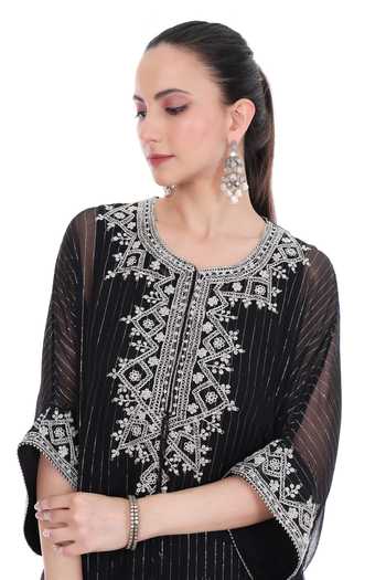 Tanu Malhotra_Black Lurex, Shantoon Zari Round Neck Embroidered Yoke Kaftan Set _at_Aza_Fashions