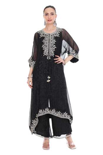 Buy_Tanu Malhotra_Black Lurex, Shantoon Zari Round Neck Embroidered Yoke Kaftan Set _at_Aza_Fashions